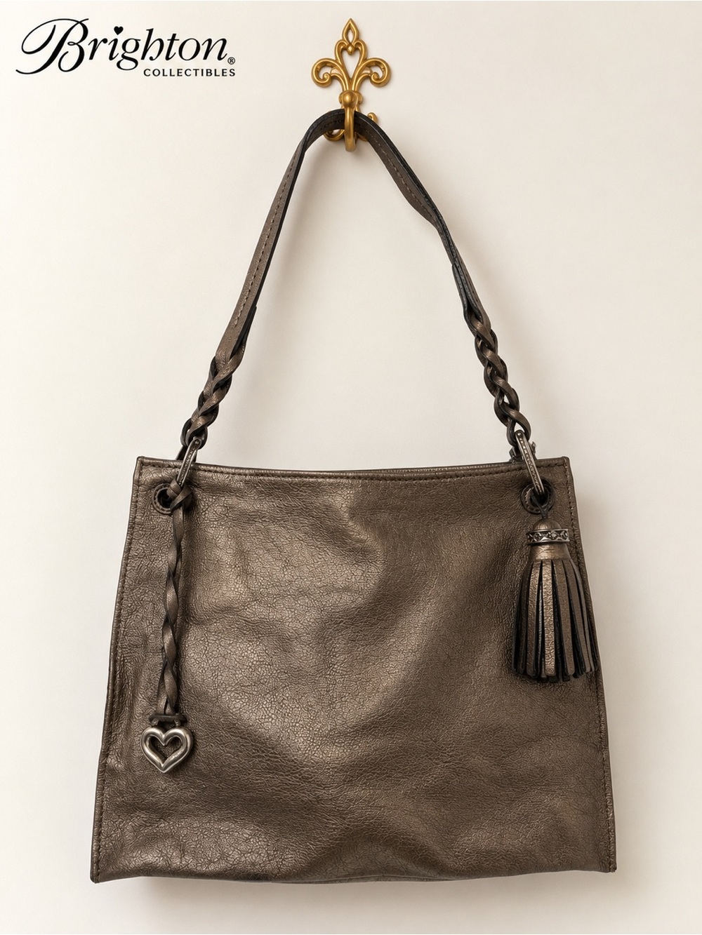 Brighton Metallic Bronze Leather Hobo Shoulder Bag Tassel Heart Charm